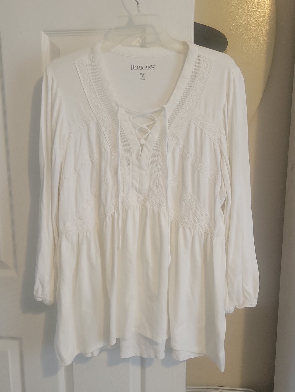 Roaman's SzLg White Cotton Blend Lace-Up Boho Tunic Top Trimmed in Lace